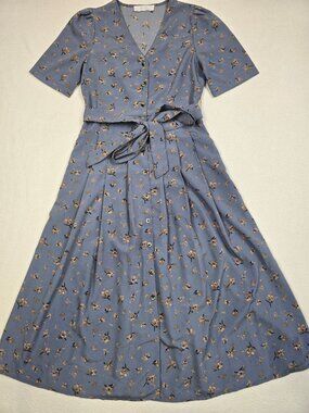 Oak + Fort XS Floral Button-Down Midi Dress Light Blue Short Sleeves Cottagecore